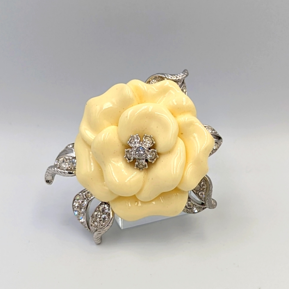 Vintage Nolan Miller Lucite Rose Flower Ivory Color Brooch Pin Rhinestone Signed